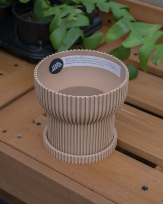 4" Japandi Ridged Planter with Drainage Tray - Tan